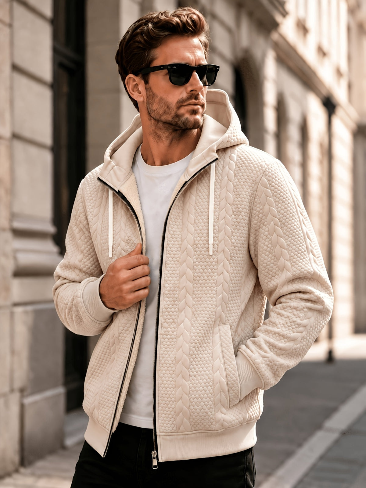 Men's Thickened Hooded Jacket with Cable Knit Embossing
