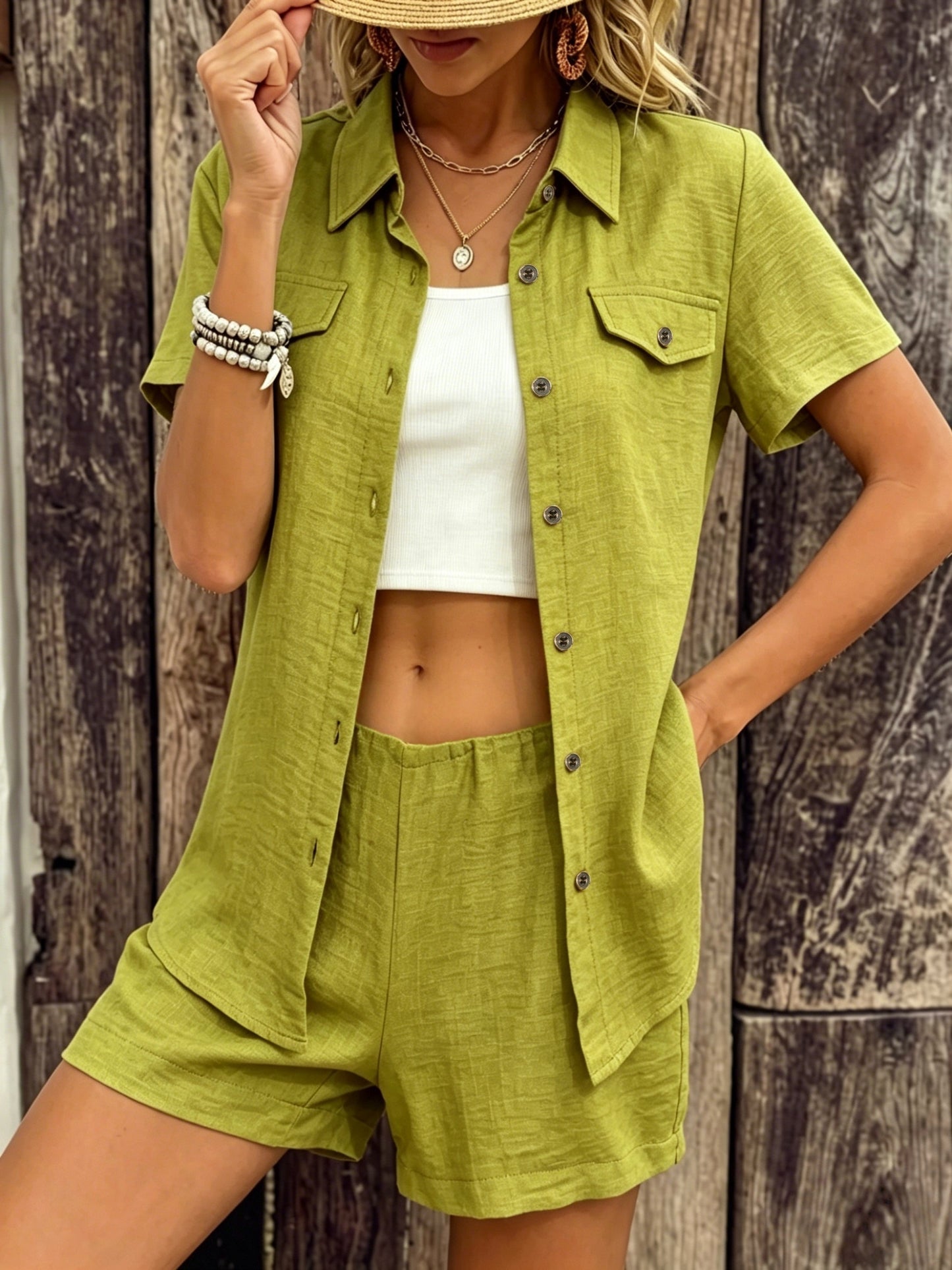 Women's Casual Linen-Texture Shirt & Shorts Set for Summer
