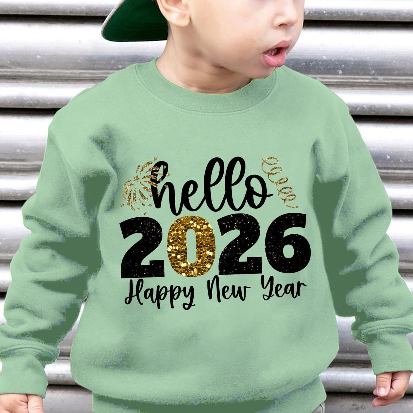 Boys' 2026 New Year'S Eve Party Sweatshirt - Hello 2026 Happy New Year Fireworks Print, Loose Fit Long Sleeve Pullover with Golden Glitter Lettering, Casual Winter Warmth For Boys, New Year Sweatshirt, Festive Clothing, Playf