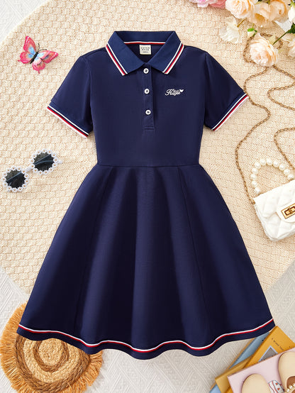 Girls' Casual Polo Dress with Embroidered Collar, Cotton Blend