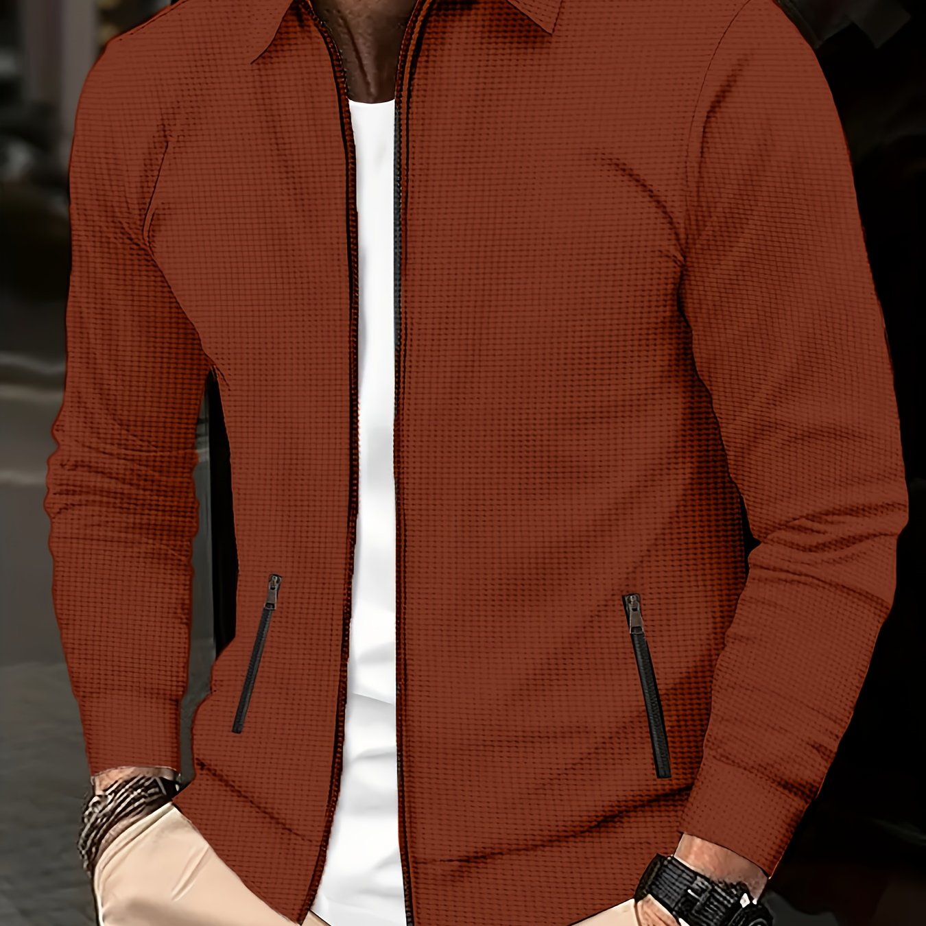 Men's Plain Waffle Zipper Jacket Casual Daily Fashion