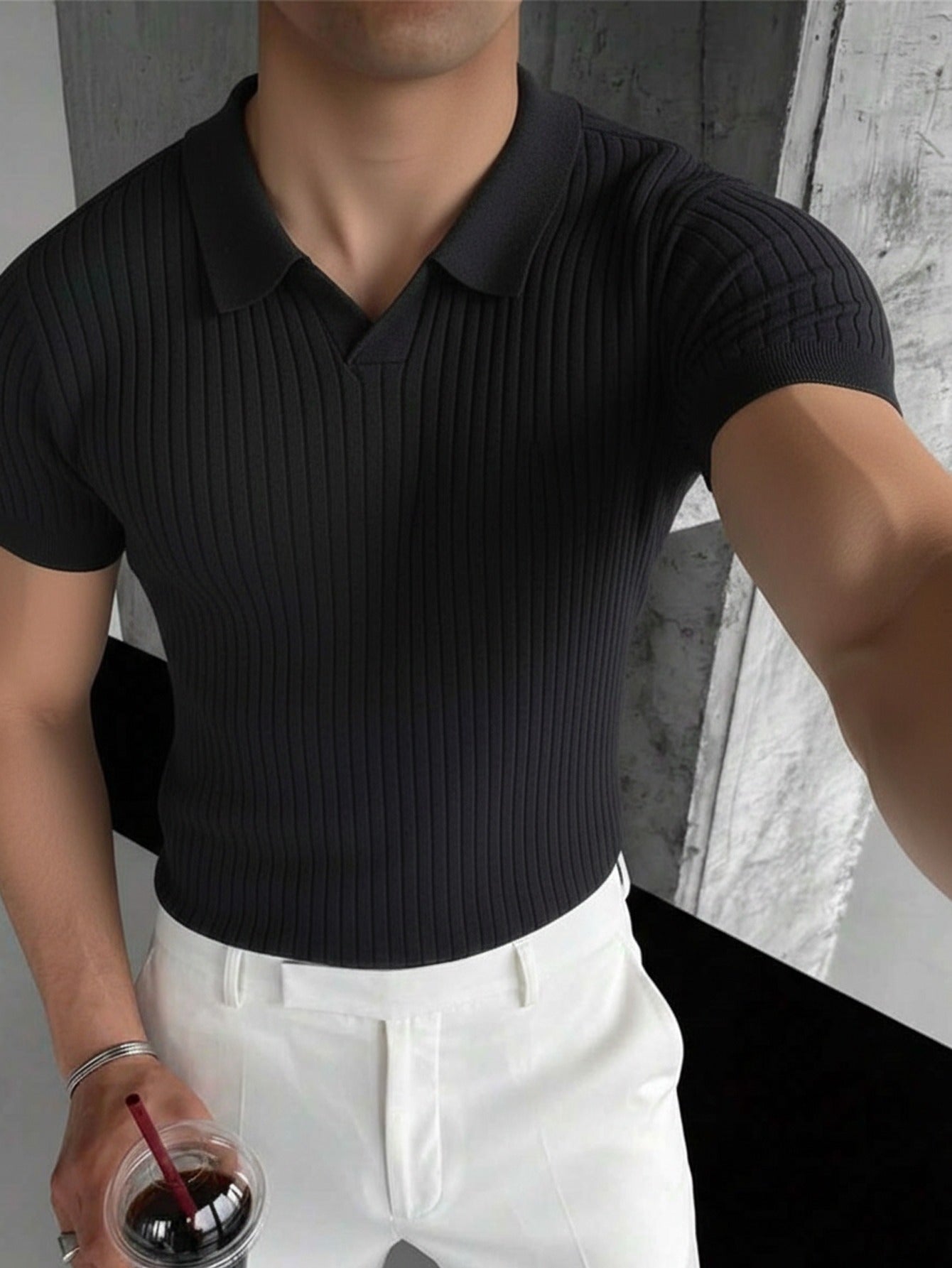 Men's Lapel Short-Sleeve Sweater - Rugged and Handsome Street Style Men's Ribbed Collar Short-Sleeve Top, Made of Breathable and Skin-friendly Special Material. Features a Slim-fit Micro-stretch Design for Unrestricted Moveme - ayq