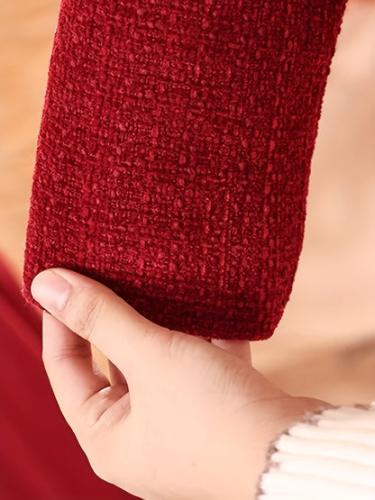 Girls' Elegant Red & Ruffled Skirt Set - Long Sleeve, Button-Up, Non-Stretch Fabric, Loose Fit, Perfect for Fall/Winter, Casual Style, Casual Attire, |elegant Girls' Set|buttonup Skirt Set, For Outdoor