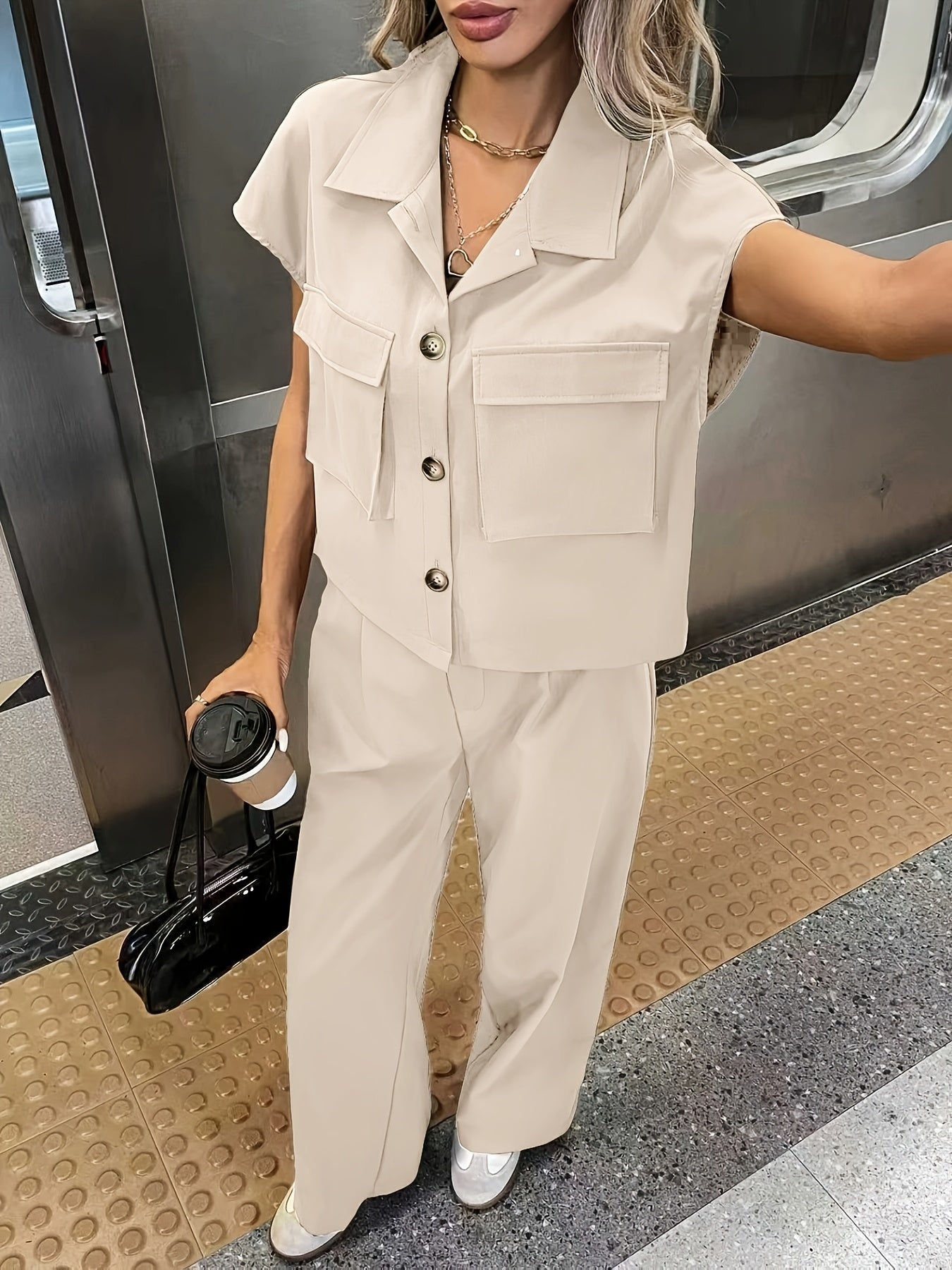 Women's Casual Solid Color Shirt and Pants 2pcs Set, Spring Summer 2pcs Set: Solid Color Button-Up Short Sleeve Top and Pocket Pants, Women's Casual Elegant Spring Summer 2pcs Outfit, Women's Outing and Date Wear, Spring Summ