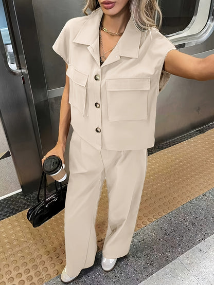 Women's Casual Solid Color Shirt and Pants 2pcs Set, Spring Summer 2pcs Set: Solid Color Button-Up Short Sleeve Top and Pocket Pants, Women's Casual Elegant Spring Summer 2pcs Outfit, Women's Outing and Date Wear, Spring Summ