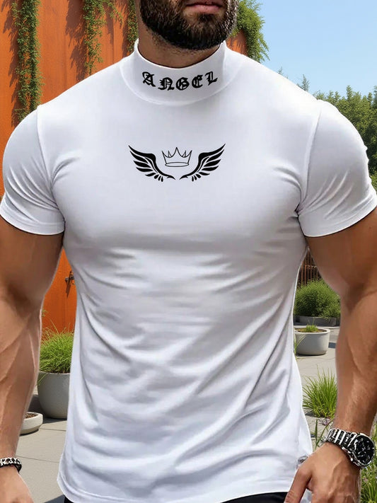 Short-sleeve High-neck Fashion Trendy Instagram Minimalist Creative Collar Chest Pattern Sports Fitness Running Training Casual Men's Short-sleeve - ayq