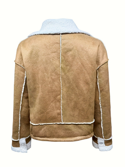 Women's Suede-Like Lamb Fleece Jacket - Winter Warm Coat with Full-Zip Closure, Collar & Plush | Hand Washable Soft Outerwear for Fall & Winter | Cozy Casual Outer Layer (No Dry Clean) | Lamb Fleece Coat for Cold Weather