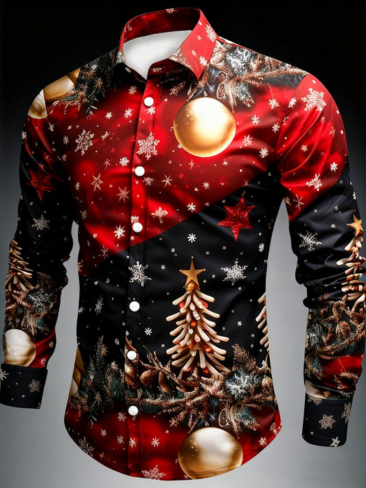 Men's Christmas Party Shirt with Red & Black Snowflake Pine Tree Print - Golden Button-Front Long Sleeve Dress Shirt, Stand Collar Casual Blazer-like Top for Holiday Events, Winter Celebrations & Xmas Gatherings (Machine Wash