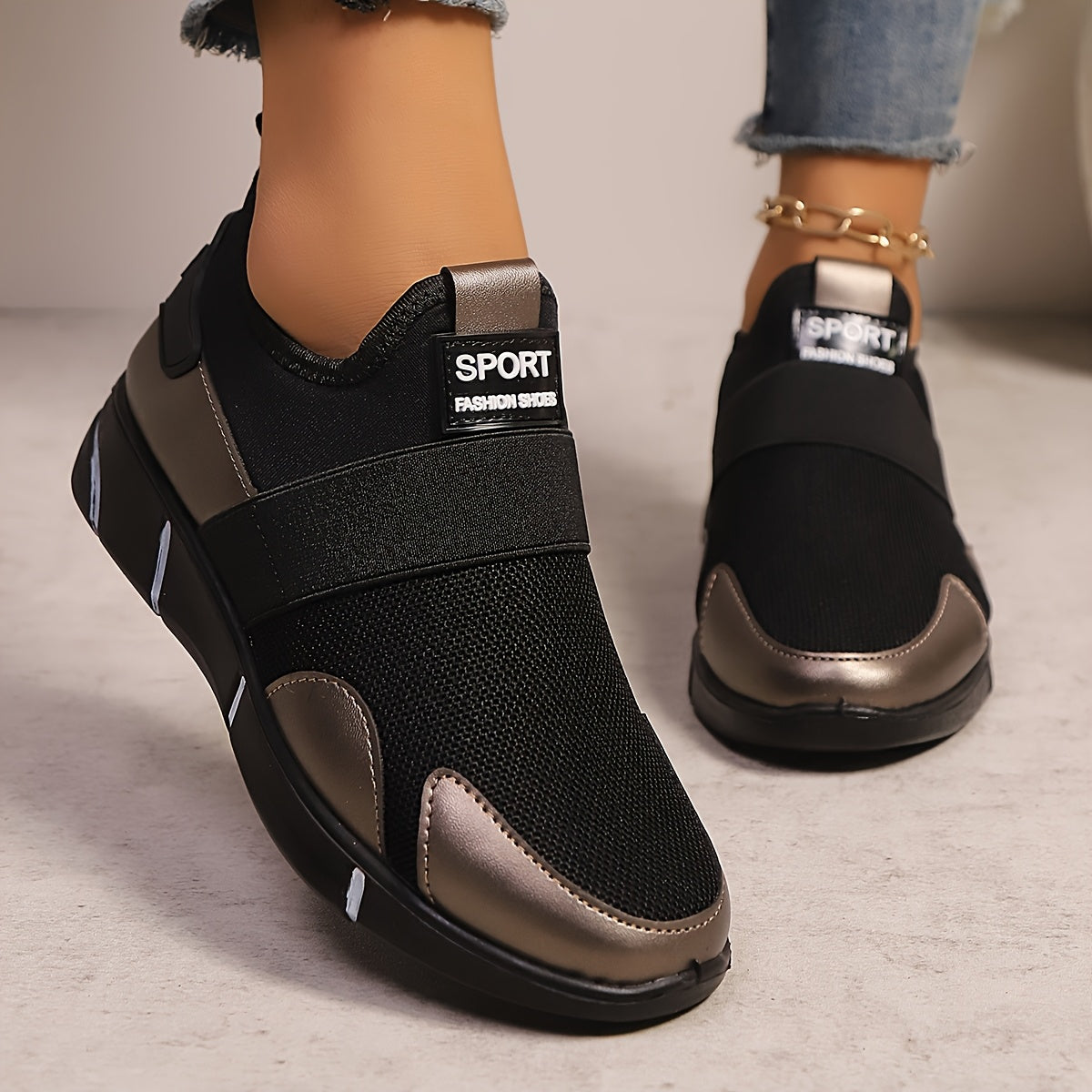 Women's Slip-On Sneakers - Lightweight Knit Upper, Breathable Design, Comfortable Casual Shoes with Strap, Black  Golden Accents, Round Toe for All-Day Wear, Sporty Sneakers   Round Toe Shoes   Flexible Sole, Ladies Sneakers