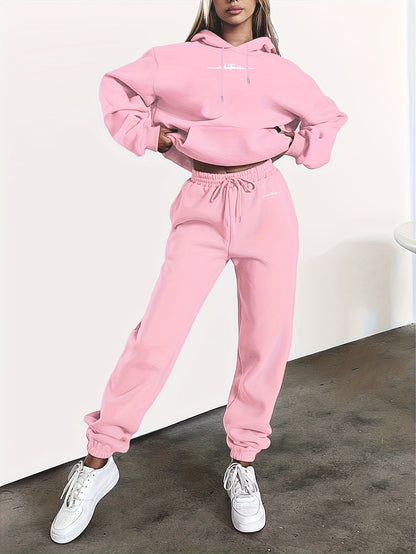 New Arrival Gray Print Women's Hooded Drawstring Sweatshirt and Pants Set, Autumn/Winter Warm Long-Sleeve Pullover with Hat, Machine-Washable Polyester, Versatile Outfit