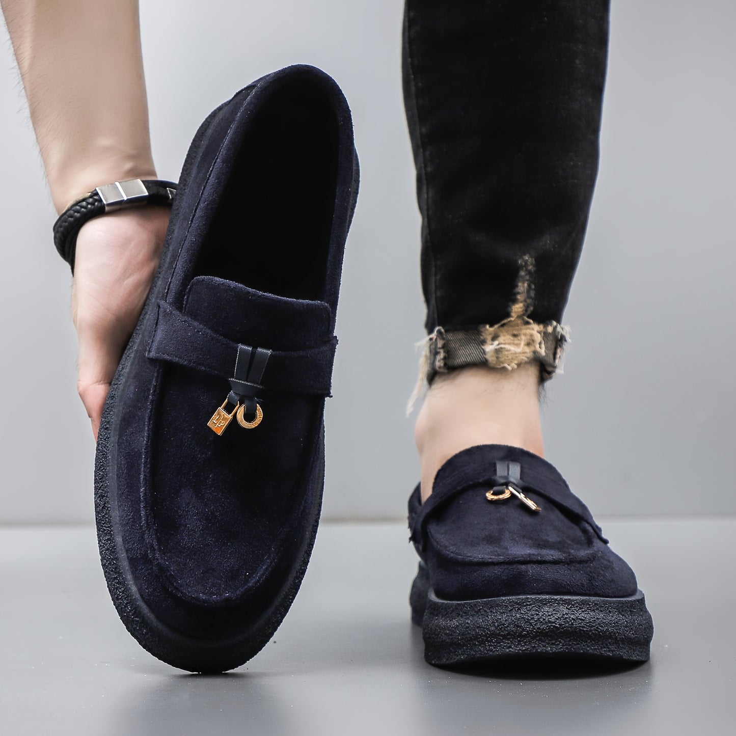 Men's Platform Casual Loafers with Metal Pendant Slip-On Shoes