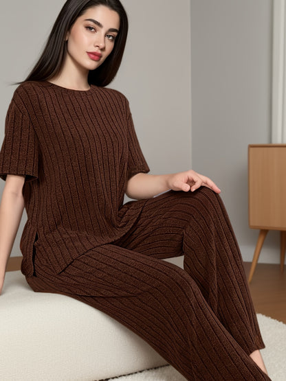 Women's Solid Ribbed Elegant Loose Fit Lounge Set, Short Sleeve Round Neck Top & Pants, Comfortable Relaxed Fit