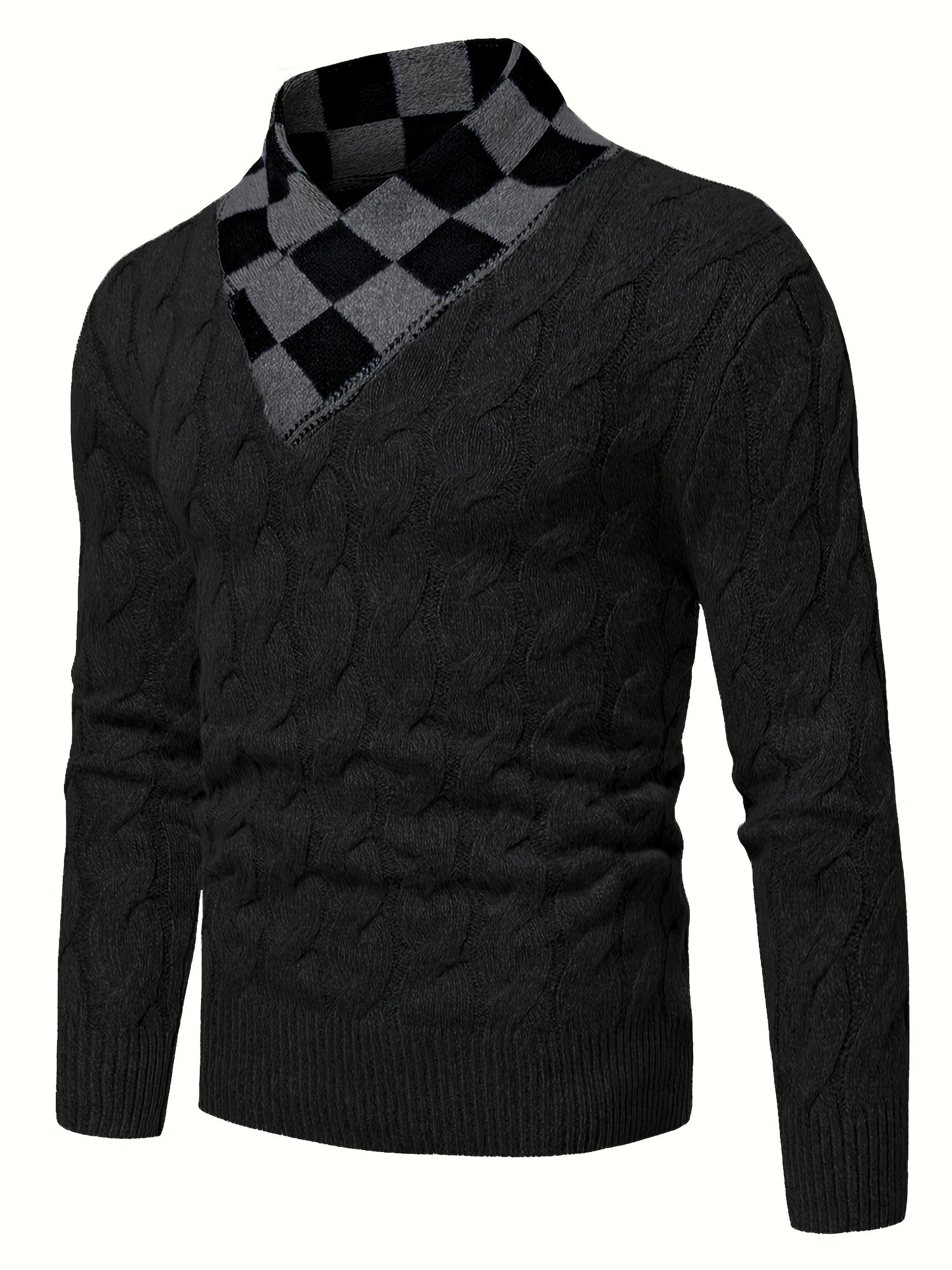Maqiqiobm Slim Fit Men's Pullover Sweater - 1pc Autumn/Winter Thickened New Style, Comfortable Warm Solid Color Twist Knit Long Sleeve, Checkerboard Collar Design, Business Casual Daily Layering Knit Top, Suitable for Autumn