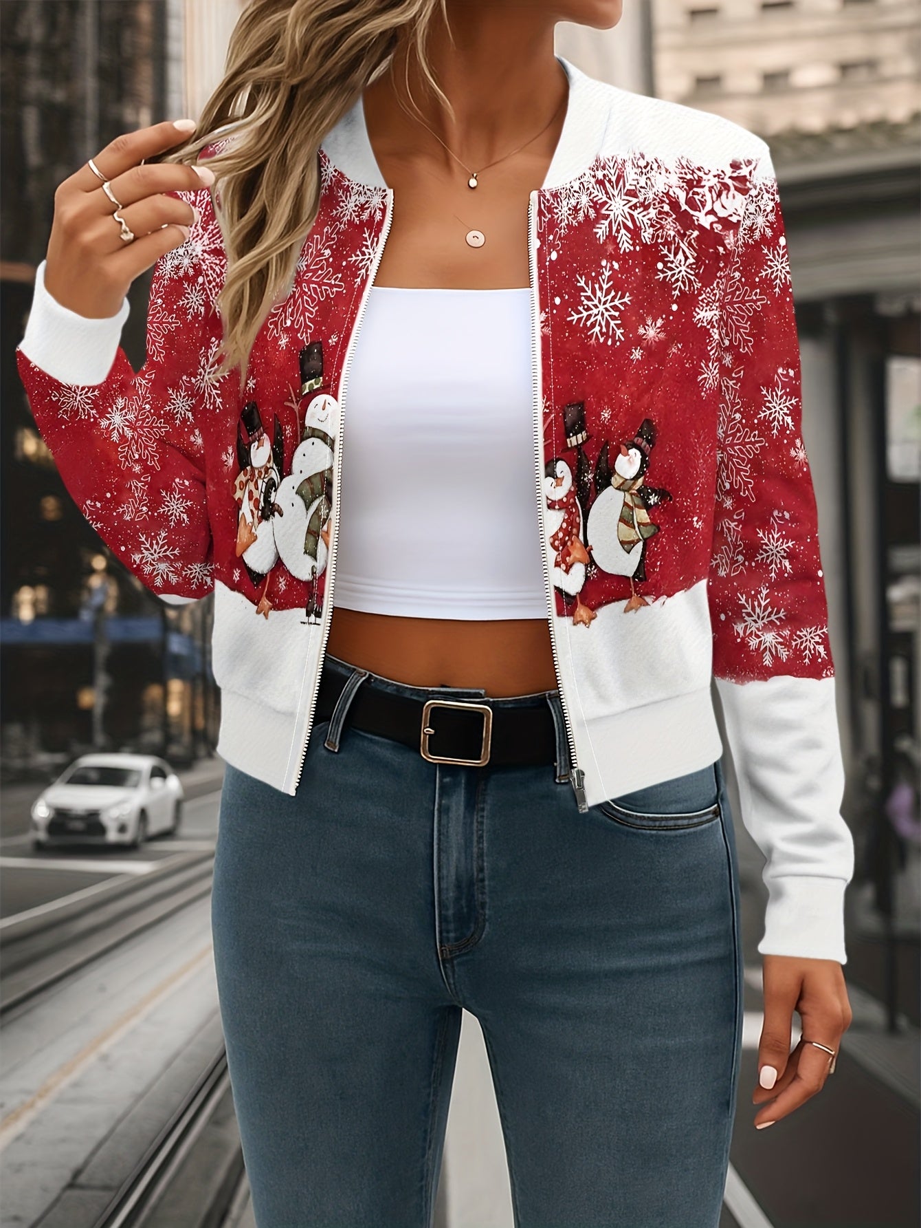 Women's White & Red Snowman Print Short Jacket with Baseball Collar - Winter Coat, Lapel-Like Collar & Snowflake Sweater-like Back, Machine Washable Casual Outerwear for Christmas Parties, New Year's Events (No Dry Clean)