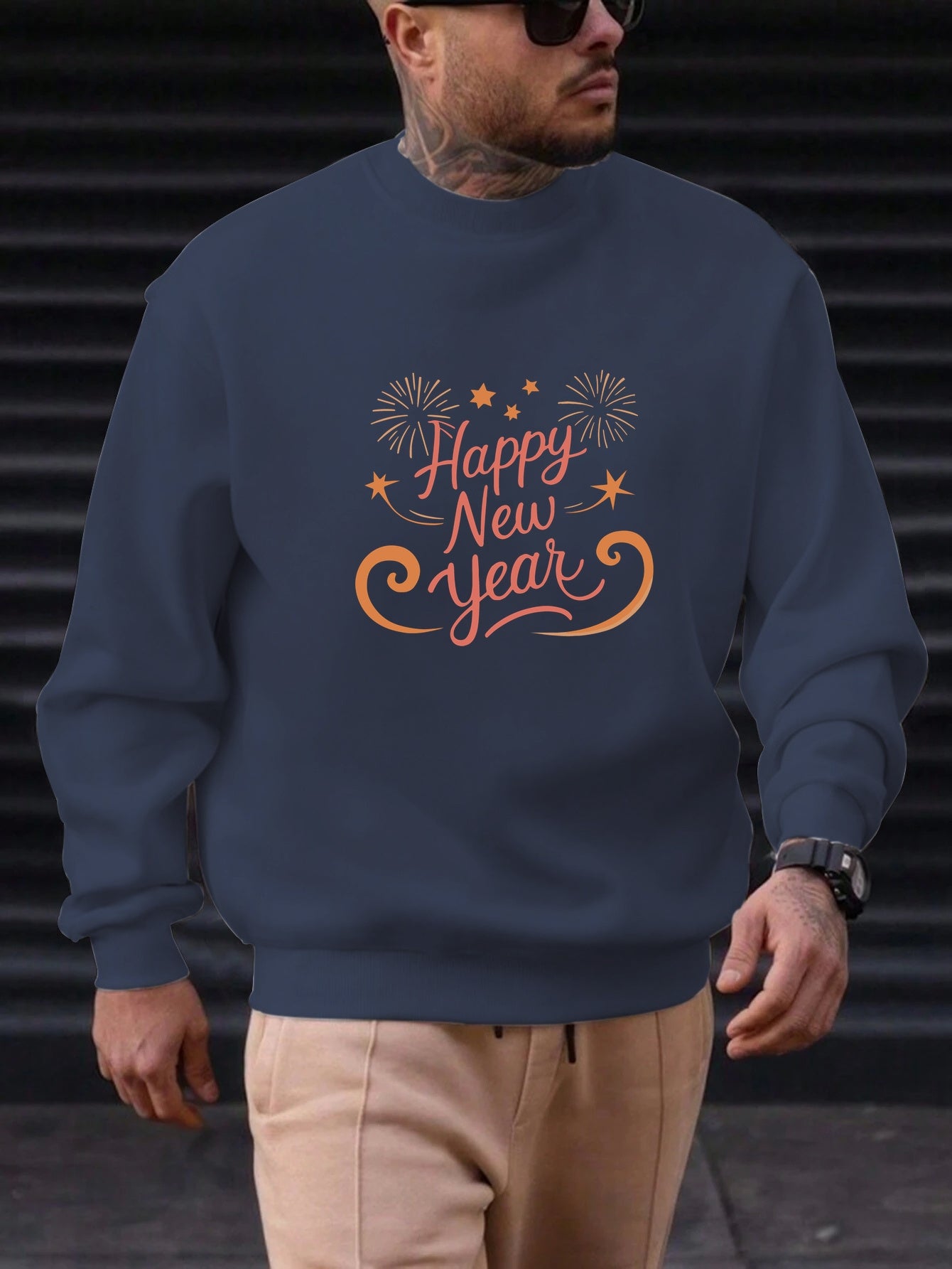 Men'S Happy New Year Sweatshirt - Light Grey with Orange Lettering - Regular Fit Crewneck Pullover for New Year'S Eve, NYE Parties & Casual Attire - Non-Permanent Celebration Sweater for Everyday & Special Occasions, New Year