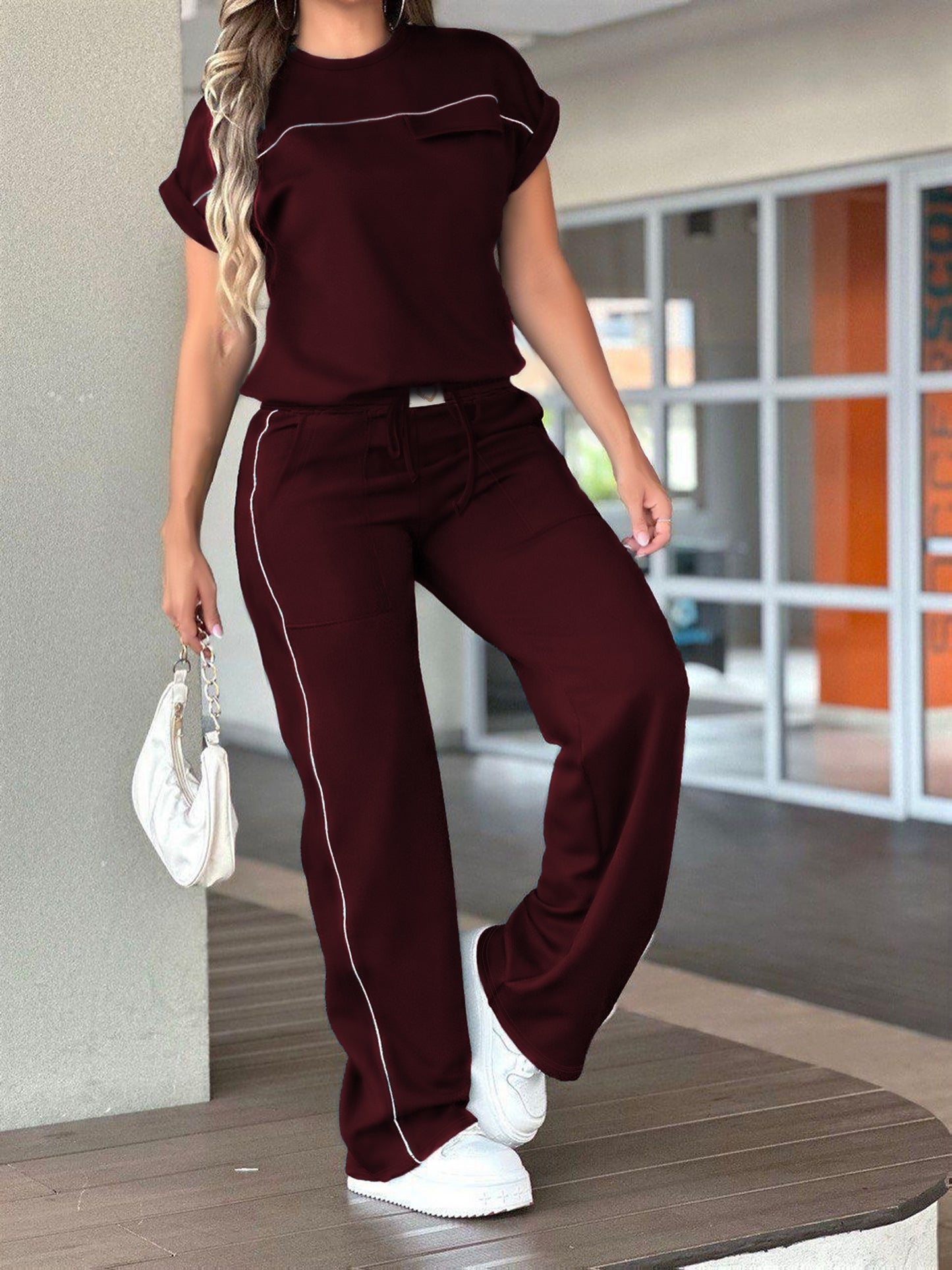 New Women'S Spring And Autumn Collection Featuring a Solid Color, Soft And Comfortable Round-Neck T-Shirt Paired with High-Waisted, Casual Straight-Leg Pants in a Two-Piece Set - ayq