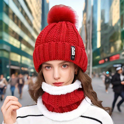 New Year's Acrylic Knit Beanie with Pom-Pom and Matching Scarf Set - Breathable, Elastic, Thermal Knitted Cap and Neck Warmer for Women with Toggle Closure - Hand Washable