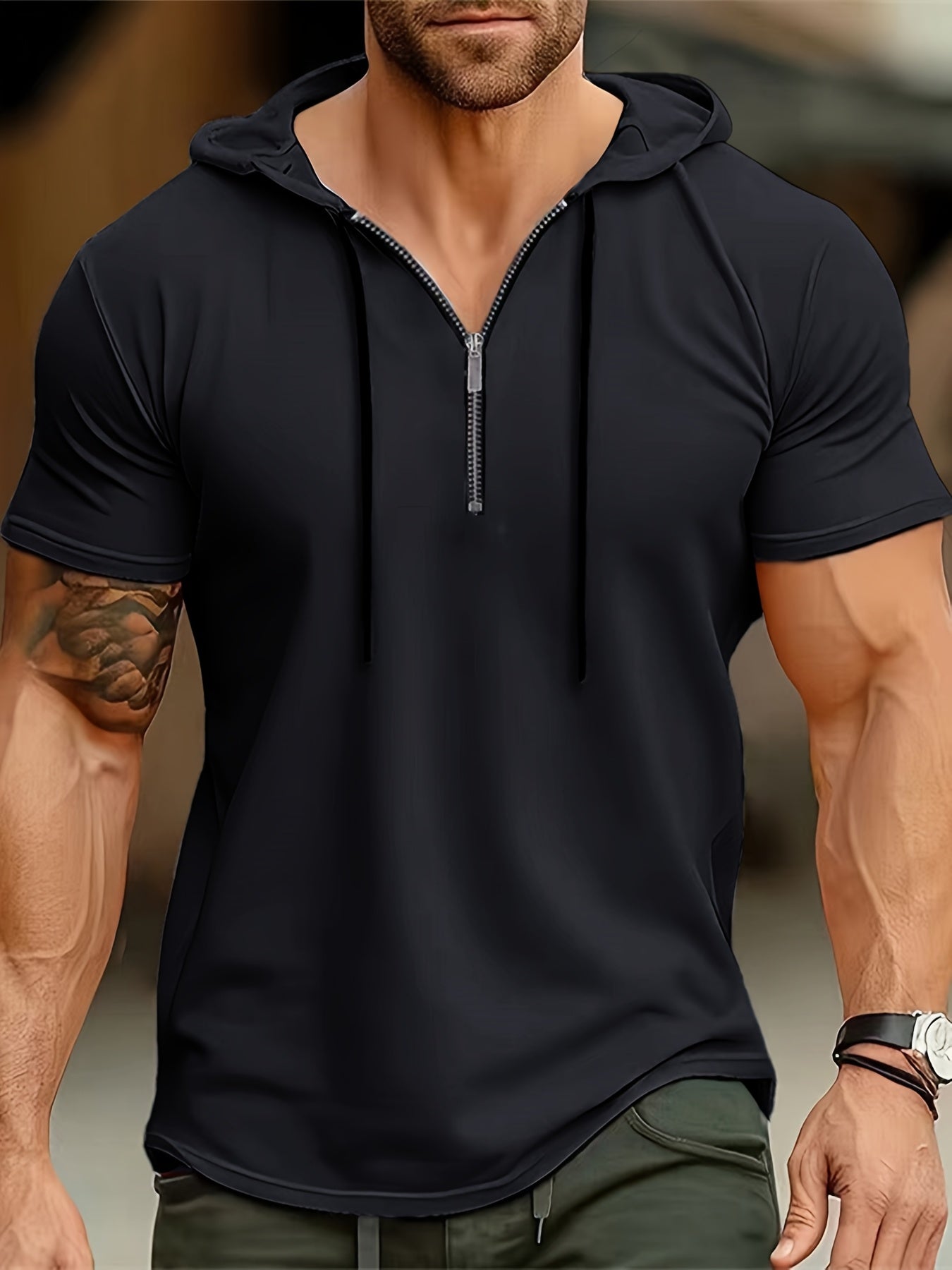 1pc Men's Light Blue Casual Hooded Short Sleeve T-Shirt with 1/4 Zipper, Breathable Stretch Fabric for Gym, Outdoor  Summer Wear, Gym Apparel, Stylish Contrast Detailing, Comfortable Fit