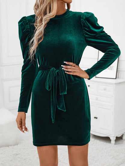Women'S Emerald Green Velvet Dress with Puff Sleeves & Belted Waist - Elegant Round Neck Fitted Party Dress for Spring/Fall, Christmas & Holiday Events, Festive Occasions, Sophisticated Style, Highquality Finish, Stylish Outf