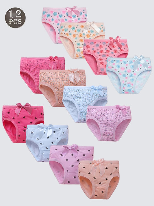 Girls' 12-Pack Floral Briefs with Mid-Rise and Bow Accent
