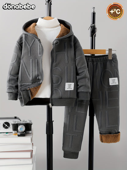 DONABEBE ' 2pcs Winter Jacket & Pants Set - Full-Zip Hooded Coat with Fleece, Matching Letter Logo Pants, Warm Casual Outfit for Cold Weather, Cozy 2pcs Clothes (Hand Washable), Perfect for Outdoor
