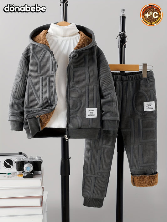 DONABEBE ' 2pcs Winter Jacket & Pants Set - Full-Zip Hooded Coat with Fleece, Matching Letter Logo Pants, Warm Casual Outfit for Cold Weather, Cozy 2pcs Clothes (Hand Washable), Perfect for Outdoor