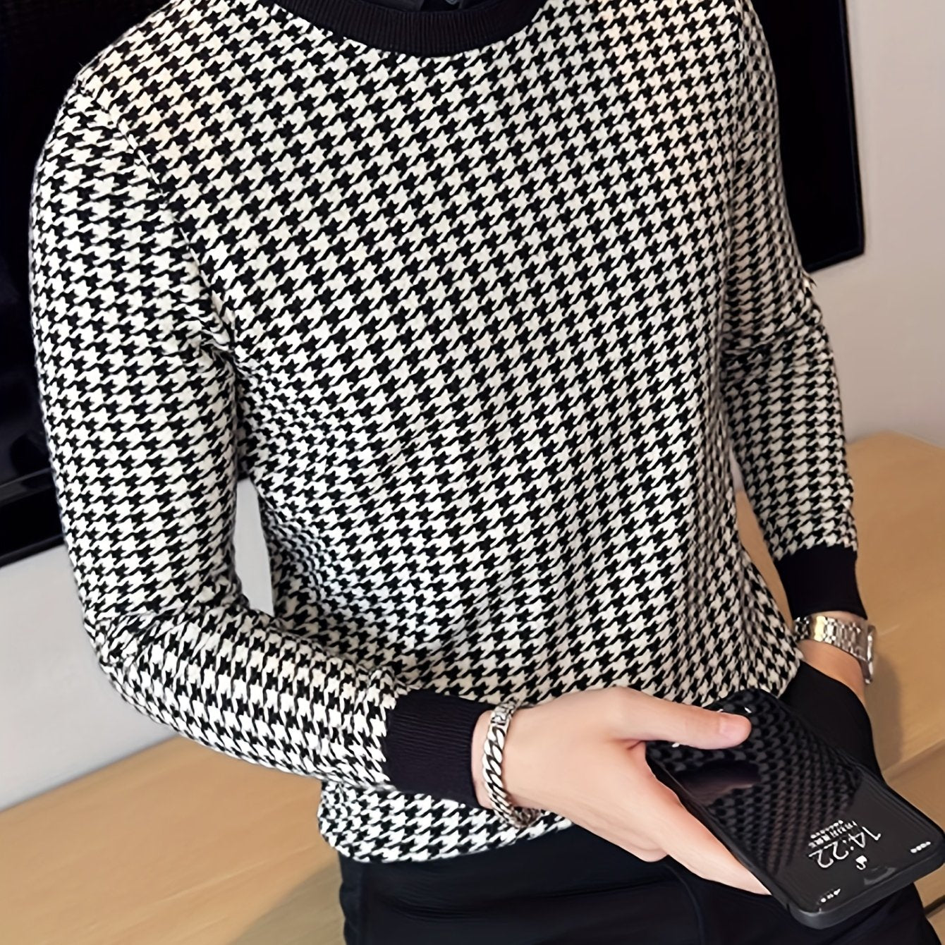 New Men'S Houndstooth Color-Blocked Sweater, Casual Pullover with Round Neck And Long Sleeves, Knit