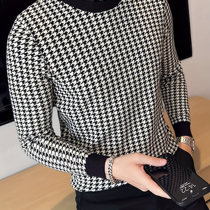New Men'S Houndstooth Color-Blocked Sweater, Casual Pullover with Round Neck And Long Sleeves, Knit