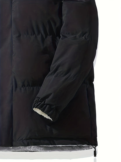 Men'S Double-Sided Fleece-Lined Thickened Jacket - Casual Stand Collar with Letter Print, Regular Fit, Pockets, Polyester Fill, Versatile for Fall/Winter, Winter Jacket