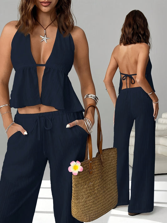 Women's Casual Tie-Up Halter Tank Top & Wide Leg Pants Set