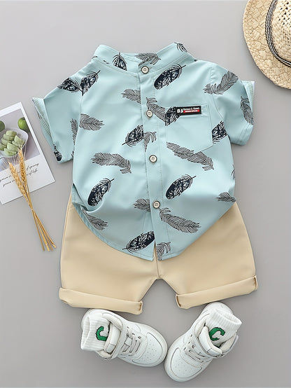 Infant Toddler Summer Feather Print Shirt and Shorts Set