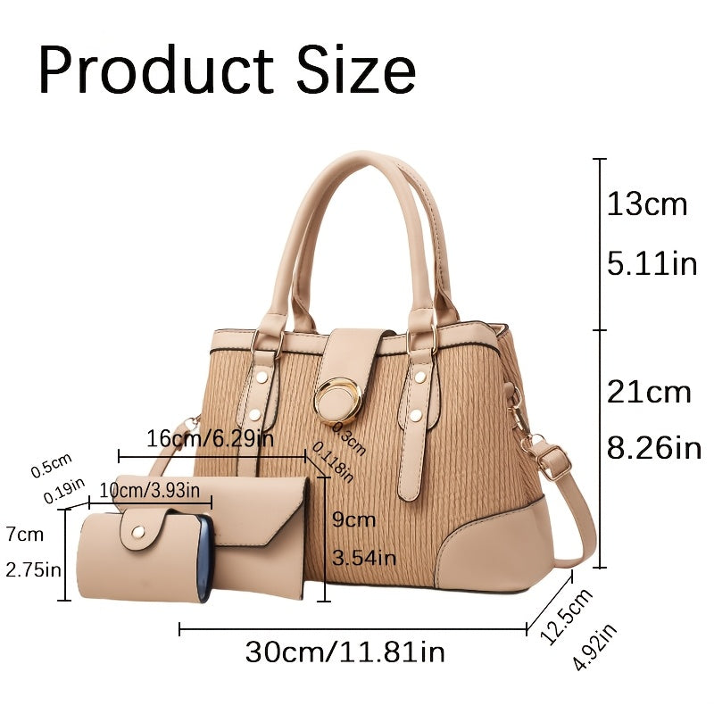 Women's 3-Piece Striped PU Handbag Set with Detachable Strap
