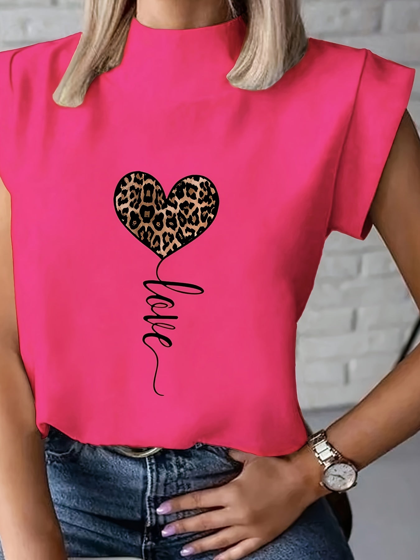 Women's Fashionable White T-Shirt with Leopard Print Heart and "LOVE" Cursive - Short Sleeve, Polyester Blend, Machine Washable