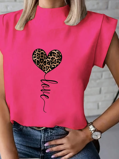 Women's Fashionable White T-Shirt with Leopard Print Heart and "LOVE" Cursive - Short Sleeve, Polyester Blend, Machine Washable