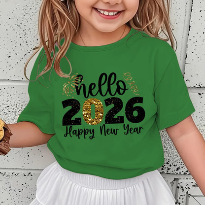 Girls' 2026 New Year T-Shirt - Hello 2026 Happy New Year Graphic Tee with Golden Number 2026, Heart, & Golden Lettering - Lightweight Summer Top for Birthday Party, Girls Clothes