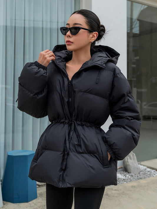 Women's Elegant Winter Jacket with Hood - Full-Zip Front Closure, Loose-Fit Long Sleeve Coat, Black Outerwear for Cold Weather, Hand Washable & Structured Design (No Belt) - Casual to Professional Outer Layer