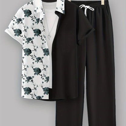 Men's Casual 2-Piece Set, Random Print Short Sleeve Shirt And Drawstring Pants, Regular Fit, Casual Beach Vacation Outfit