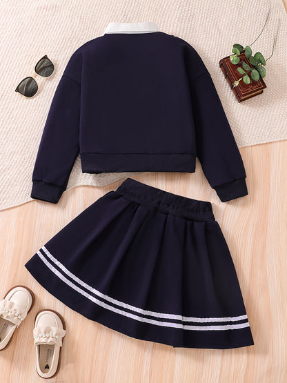 Teen Girls Preppy Two-Piece Set: Loose Sweatshirt & Pleated Skirt