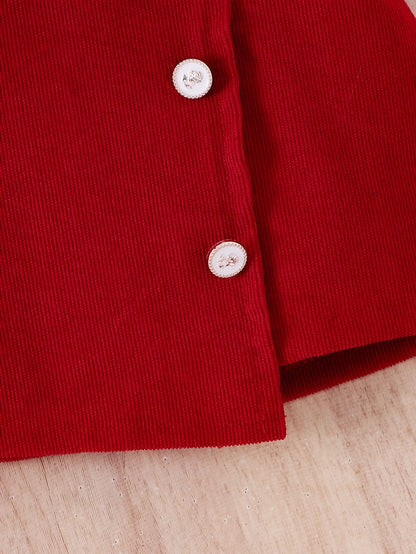 3pcs Girls' Set with 3D Bow Long Sleeve Top, Red Skirt, and Belt for Autumn