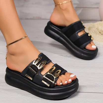 Women'S Stylish Black Slide Sandals with Golden Buckles - Comfortable Flat Sole, Open-Toe Design, Perfect for Beach or Casual Summer Wear, Casual Summer Wear Open Toe Sandals Synthetic Cover Sandals