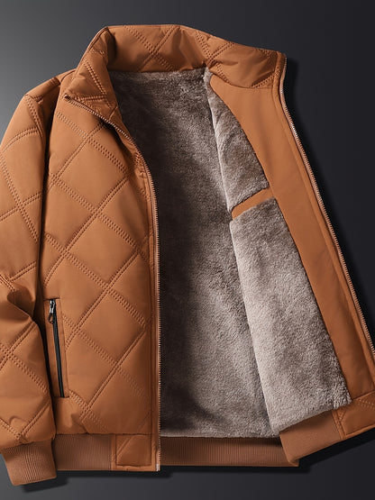 Men's Quilted Fleece Jacket with Stand Collar & Full-Zip Closure - Thick Winter Coat, Black/Brown & Warm Lining, Casual Outdoor Winter Wear for Skiing,, Cold Weather (Hand Wash/Dry Clean)
