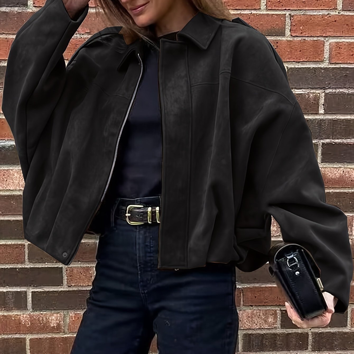 Women'S Vintage Bomber Jacket - Loose Fit Long Sleeve Zip-Up with Drop Shoulder Design, Brown Casual Outerwear for Fall/Winter, Non-Stretch Fabric, Perfect for Casual Attire, Autumn Winter Jacket | Vintage Bomber Style | Zipp