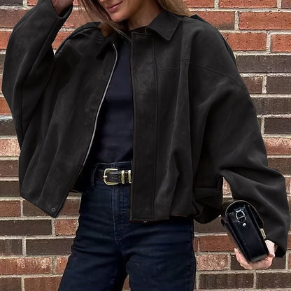 Women'S Vintage Bomber Jacket - Loose Fit Long Sleeve Zip-Up with Drop Shoulder Design, Brown Casual Outerwear for Fall/Winter, Non-Stretch Fabric, Perfect for Casual Attire, Autumn Winter Jacket | Vintage Bomber Style | Zipp