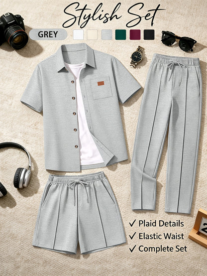 Men's 3-Piece Casual Waffle Knit Summer Set with Shirt & Shorts