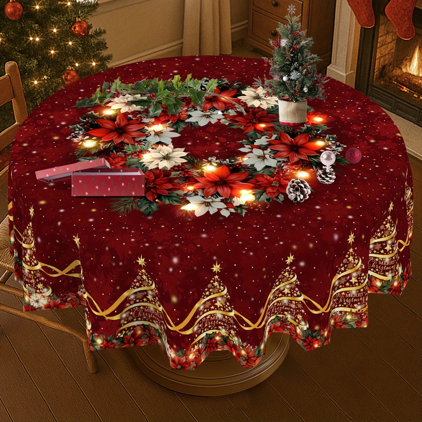 1pc Burgundy & Golden Christmas Tablecloth with Poinsettia, Holly, Pine Garland & Snowflake Patterns - Red/Green/Golden Rectangular Table Cover for Holiday Parties, Xmas Dinner, Thanksgiving, New Year's Decorations (Easy-Clea
