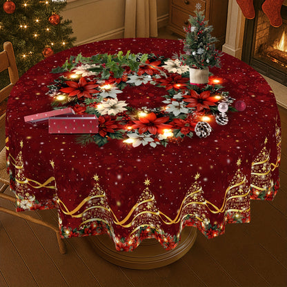 1pc Burgundy & Golden Christmas Tablecloth with Poinsettia, Holly, Pine Garland & Snowflake Patterns - Red/Green/Golden Rectangular Table Cover for Holiday Parties, Xmas Dinner, Thanksgiving, New Year's Decorations (Easy-Clea