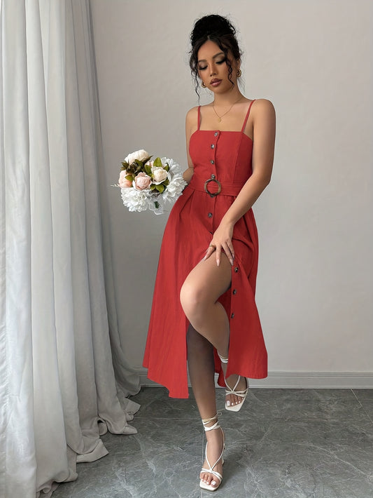 Elegant Sleeveless Midi Dress with Button Detail for Women