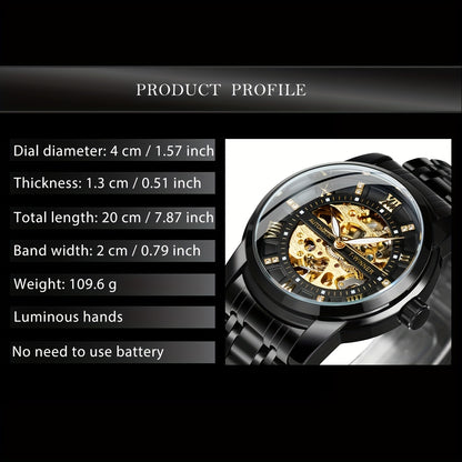 1pc Fashion Luxury Golden Skeleton Automatic Mechanical Watch for Men Luminous Hands Top Brand Stainless Steel Strap Business Casual Mens Watches Festival Birthday Gifts, TWINNER