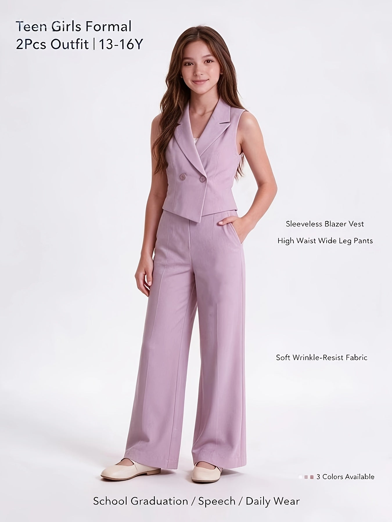 Preppy Vest & Wide-Leg Pants Set for Teen Girls, Navy & Lavender