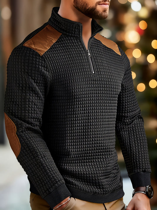 Men'S Fashion Men'S Clothing Autumn Winter Casual Muscle Square Block Round Neck Zipper Long Sleeve Patchwork Men'S Henley Shirt, Men'S Clothing